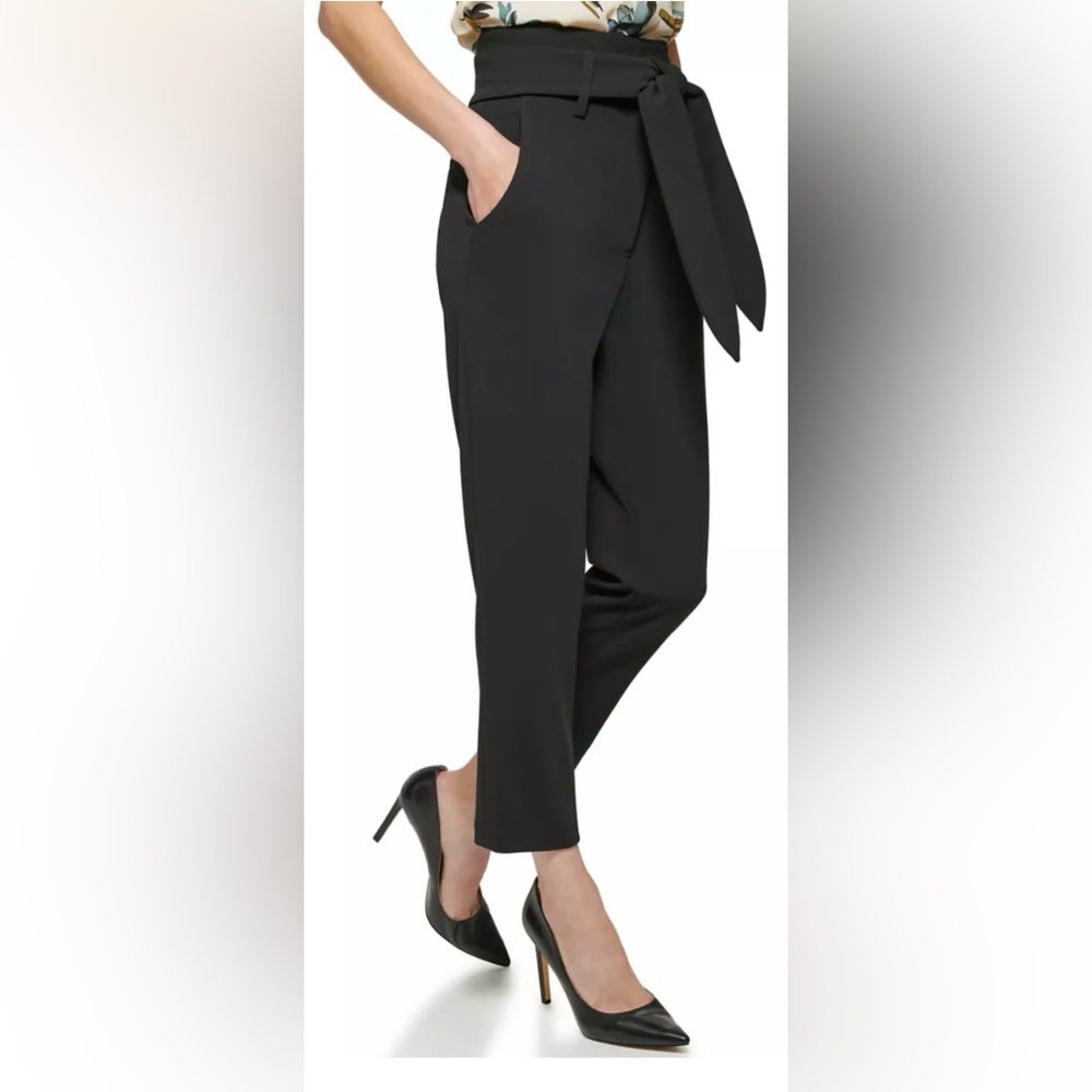 DKNY Black High Waisted Tie Waist Pants Size 12 Paperbag Ankle Work Chic NWOT - Picture 3 of 10